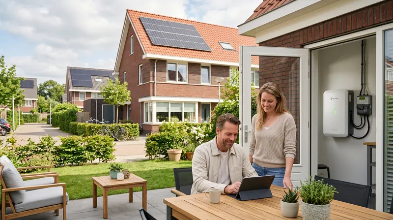 Stel aan de tuintafel met een tablet voor een huis met zonnepanelen en een thuisbatterij in de berging
